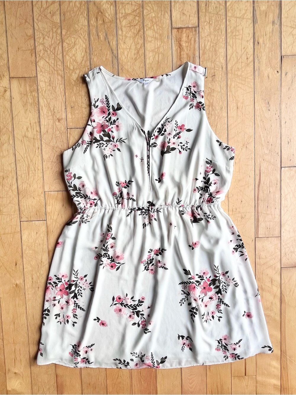 Thyme Maternity White Floral Maternity Dress with Pink & Black Accents